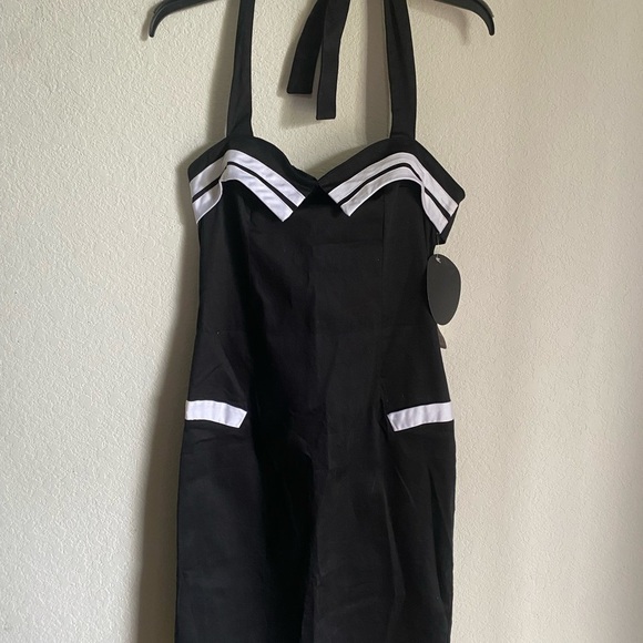 Collectif Retro Sailor Halter Rockabilly Straight Pencil Pin Up Black Dress 10 - Picture 4 of 16
